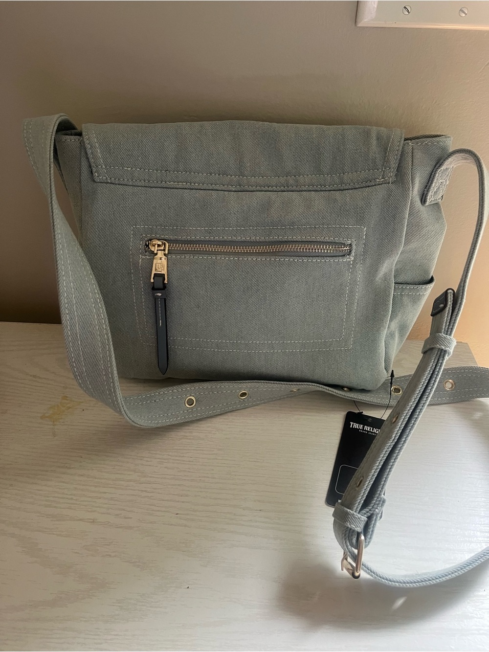 True Religion Light GrayCanvas Messenger Bag with Embroidered Logo - Picture 9 of 10